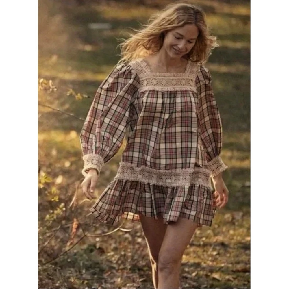 Doen Plaid Mini Dress with Lace Trim
